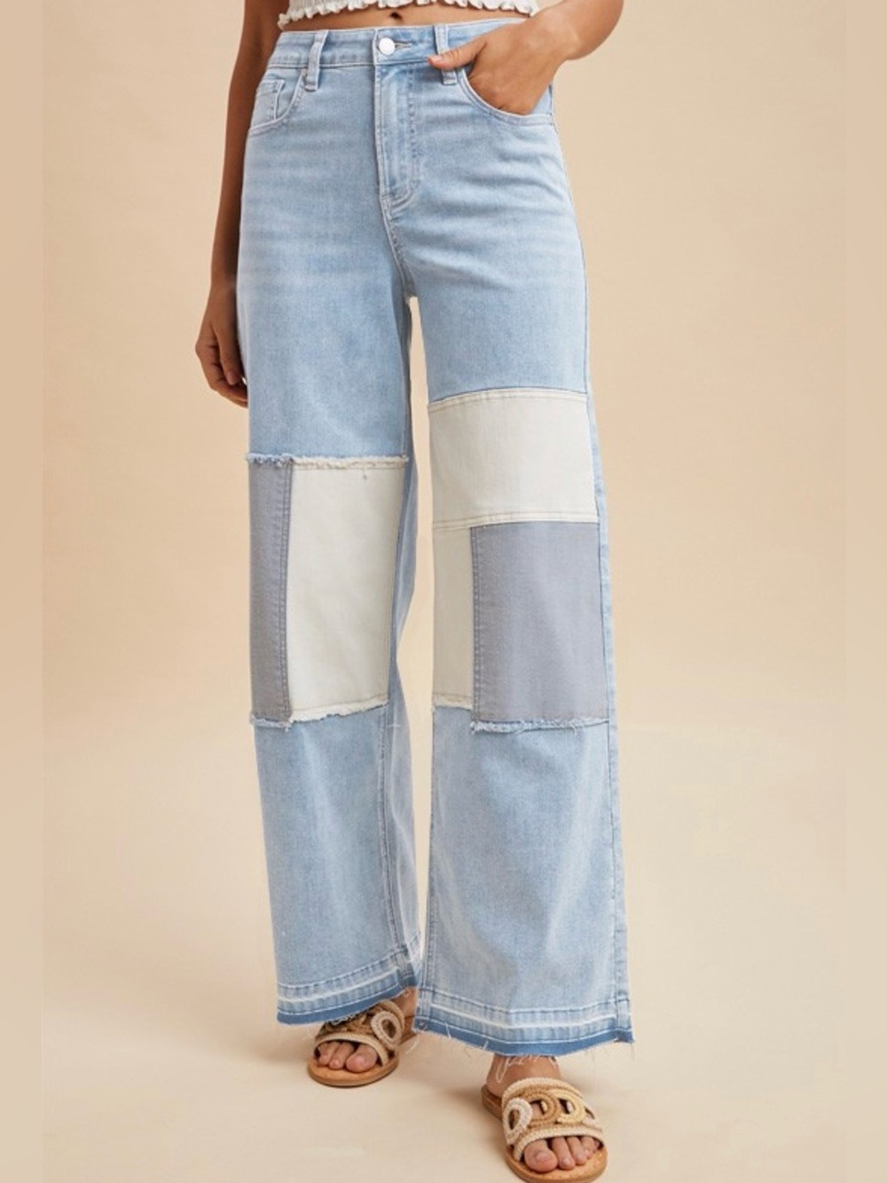 140. PATCHWORK WIDE LEG JEANS